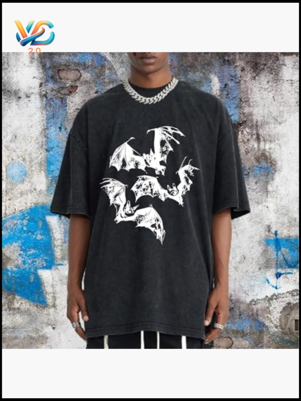 Oversized Bat Graphic Tee Vintage Acid Wash Cotton Y2K Streetwear T-Shirt - Picture 2 of 7